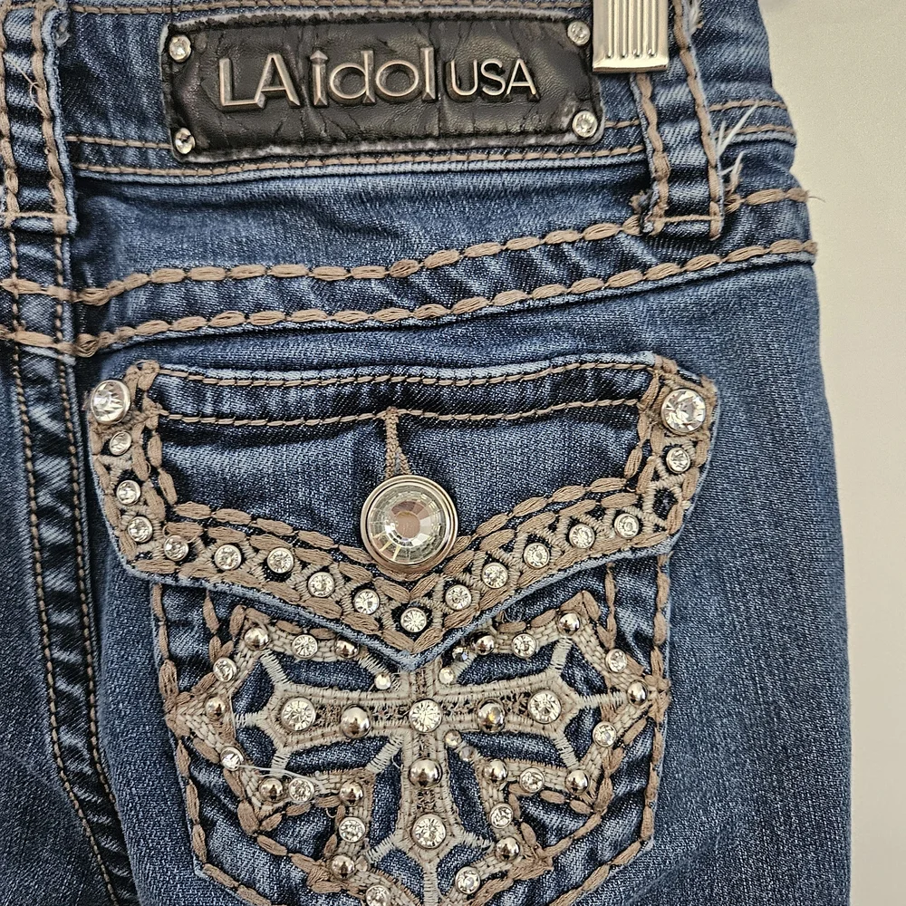 LA Idol USA‎ Rhinestone Cross Flap Pocket Jeans 1/27x34 Tall Y2K Western Bling
